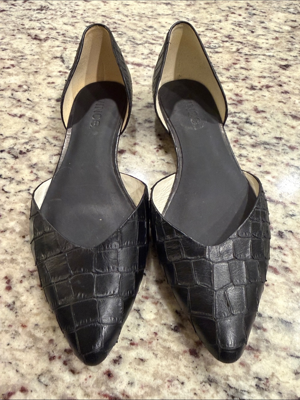 Vince Tara Black Croc Embossed Leather Pointed Toe D'Orsay Flats Size 9M